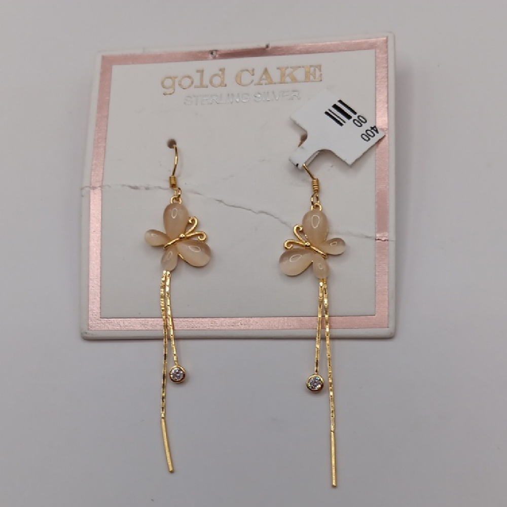NWT Gold Cake Gold-Tone Pink Floral Butterfly Dangle Earrings